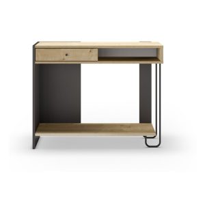 Fekete-nat&uacute;r sz&iacute;nű konzolasztal t&ouml;lgyfa dekoros asztallappal 35x100 cm Saturne &ndash; Marckeric