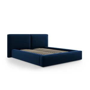 Sötétkék bársony kárpitozott ágyneműtartós franciaágy ágyráccsal 200x200 cm Arendal – Cosmopolitan Design