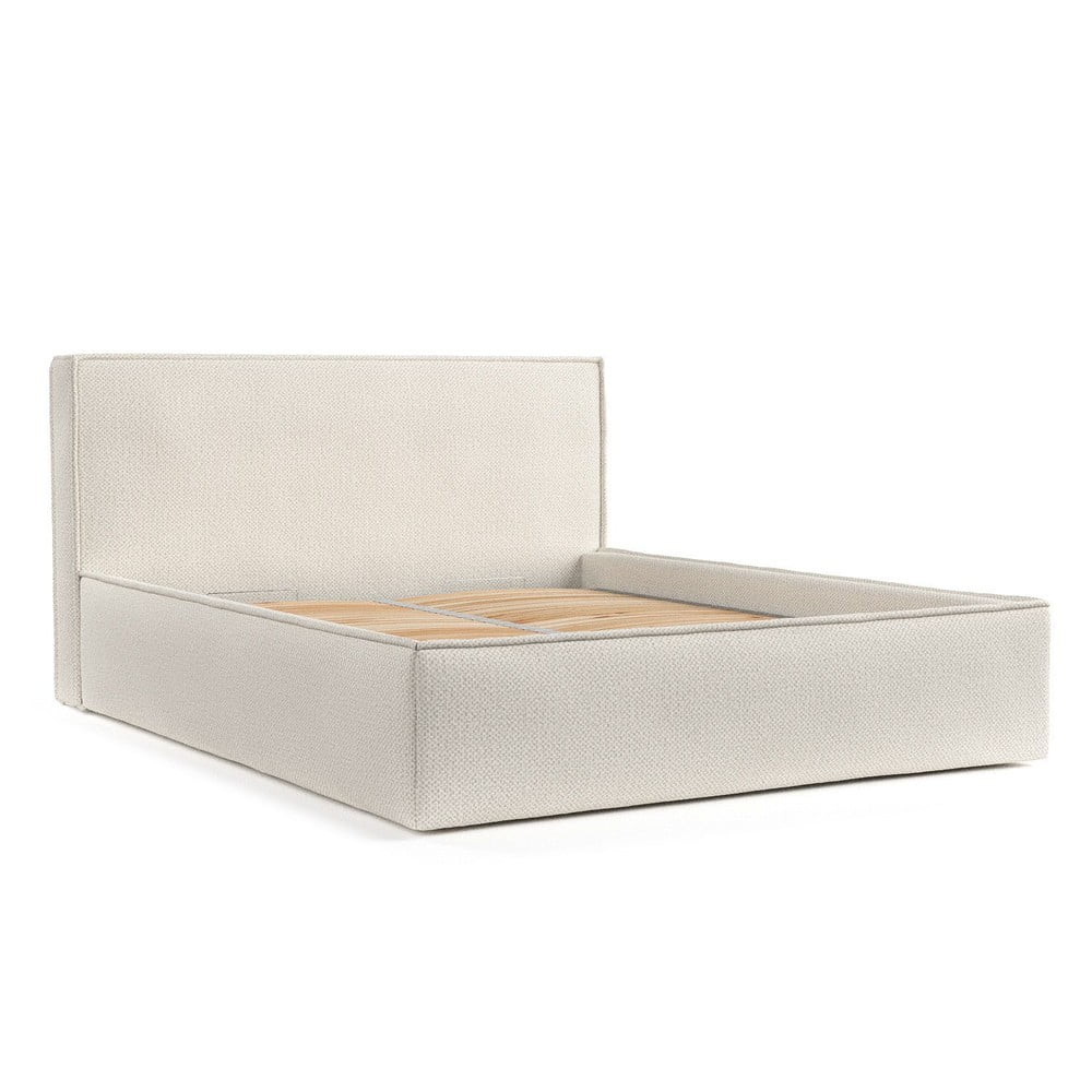 Krémszínű kárpitozott ágyneműtartós franciaágy ágyráccsal 160x200 cm Lounge L – Maison de Rêve