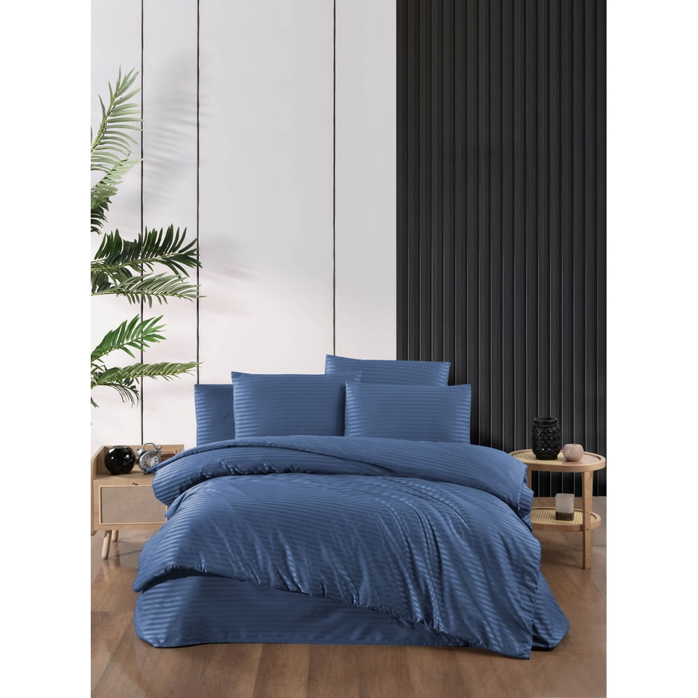 Kék kétszemélyes hosszabbított négyrészes damaszt ágyneműhuzat lepedővel 200x220 cm – Mila Home
