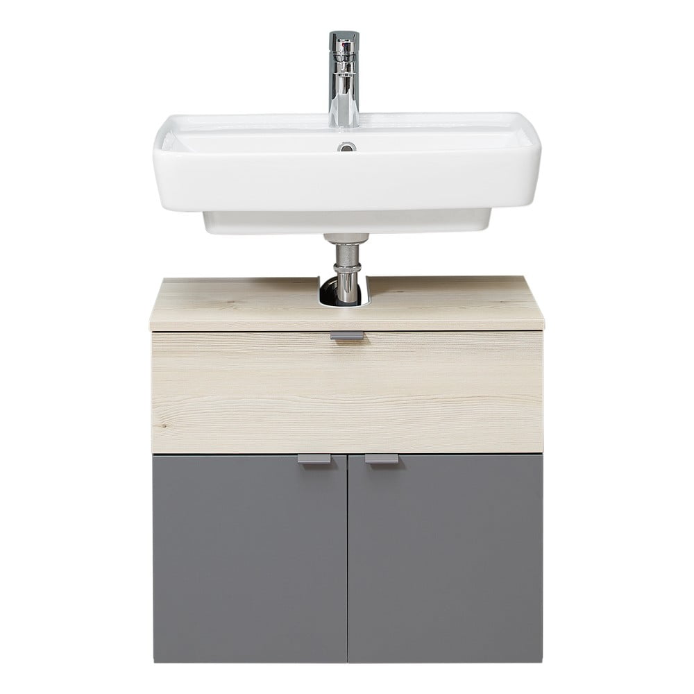 Szürke-natúr színű fali szekrény mosdókagyló nélkül borovi fenyő dekorral 53x60 cm Quickset 394 – Pelipal