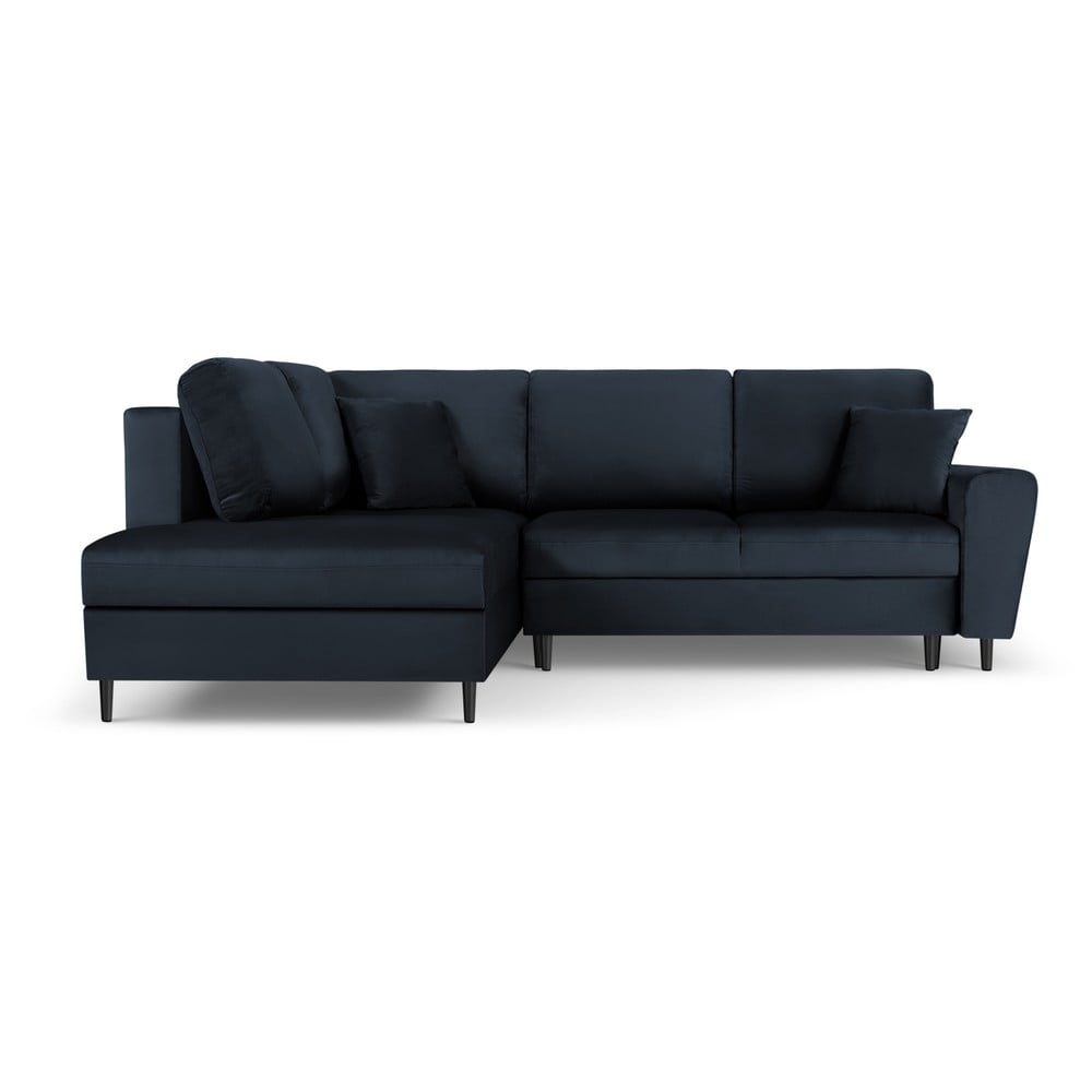 Sötétkék bársony kinyitható tárolóhelyes sarokkanapé (bal oldali-L alakú) Kyoto – Cosmopolitan Design
