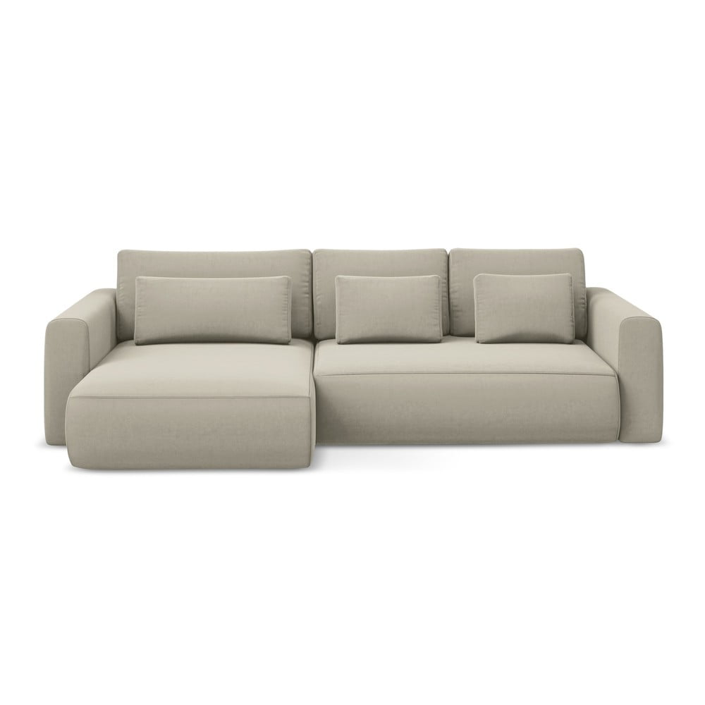 Bézs bársony kinyitható-tárolóhelyes sarokkanapé (bal oldali-heverő résszel) Kapua – Makamii