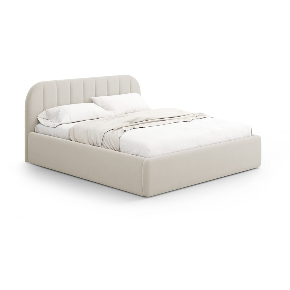 Bézs kárpitozott ágyneműtartós franciaágy ágyráccsal 180x200 cm Juno – Windsor & Co Sofas