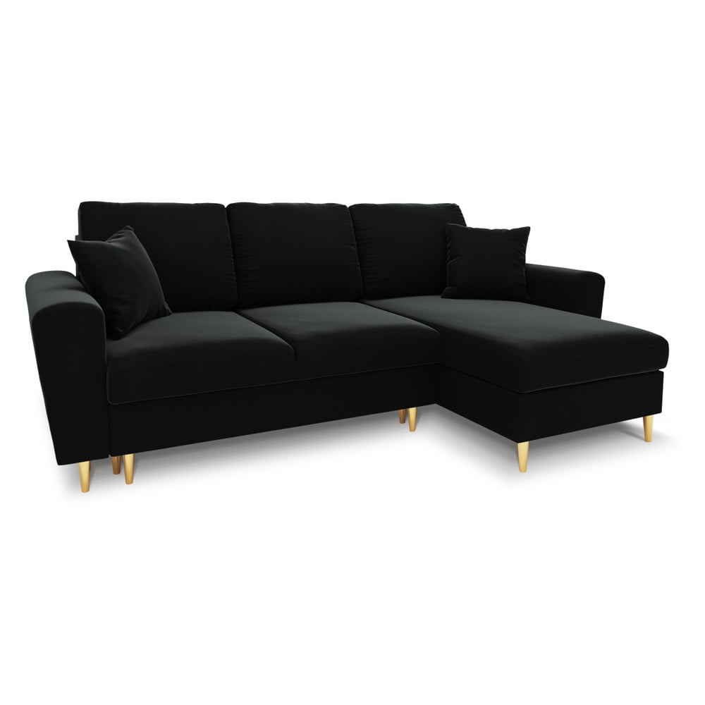 Fekete bársony kinyitható tárolóhelyes sarokkanapé Kyoto – Cosmopolitan Design