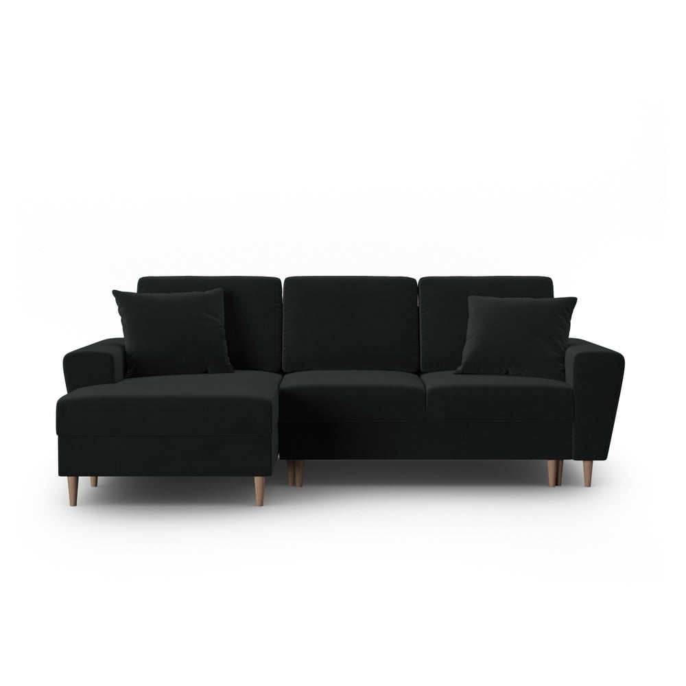 Fekete bársony kinyitható tárolóhelyes sarokkanapé (bal oldali-heverő résszel) Kyoto – Cosmopolitan Design