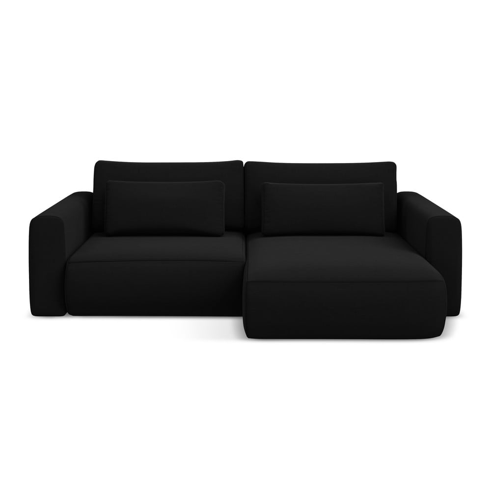 Fekete bársony kinyitható-tárolóhelyes sarokkanapé (jobb oldali-heverő résszel) Kapua – Makamii