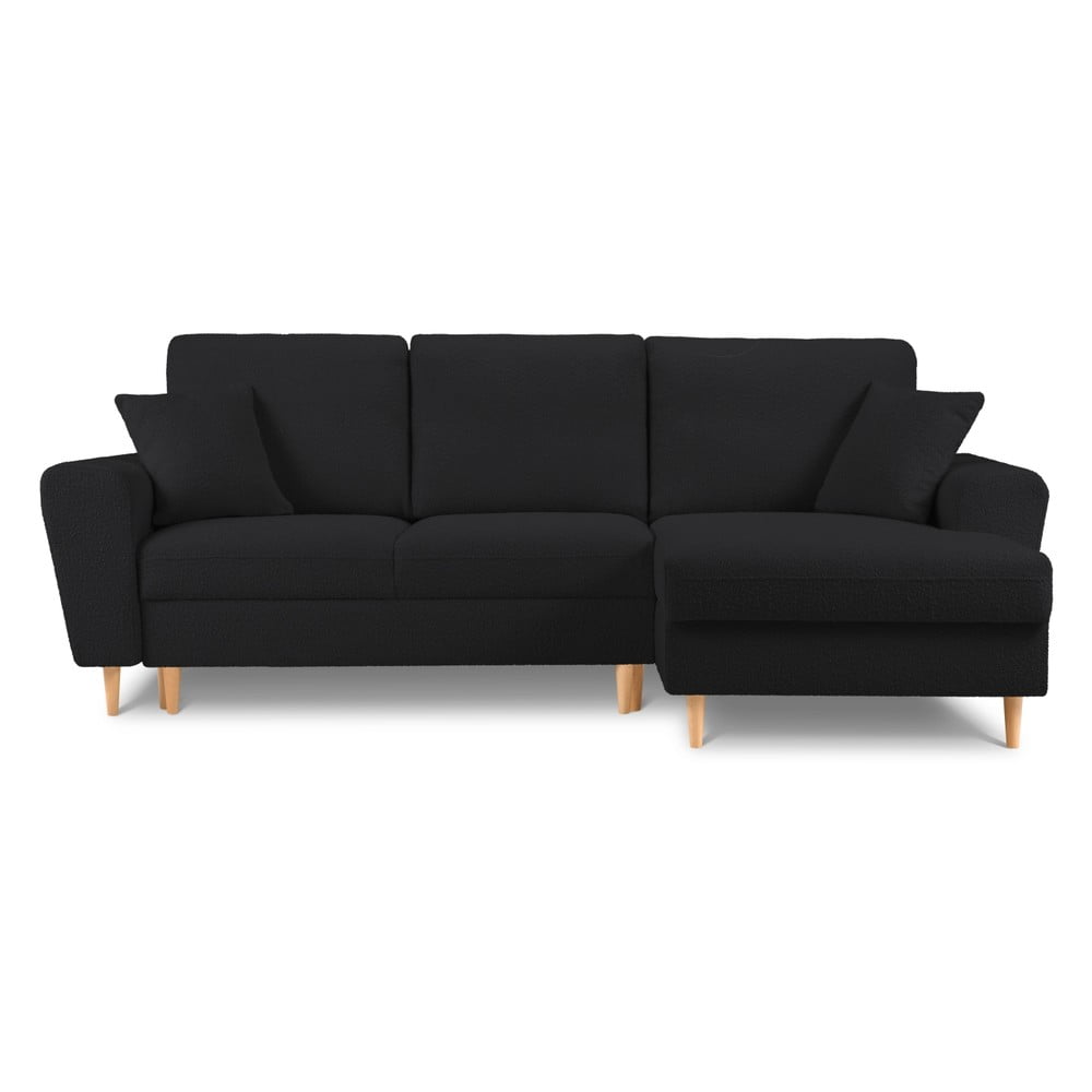 Fekete buklé kinyitható tárolóhelyes sarokkanapé (jobb oldali-heverő résszel) Kyoto – Cosmopolitan Design