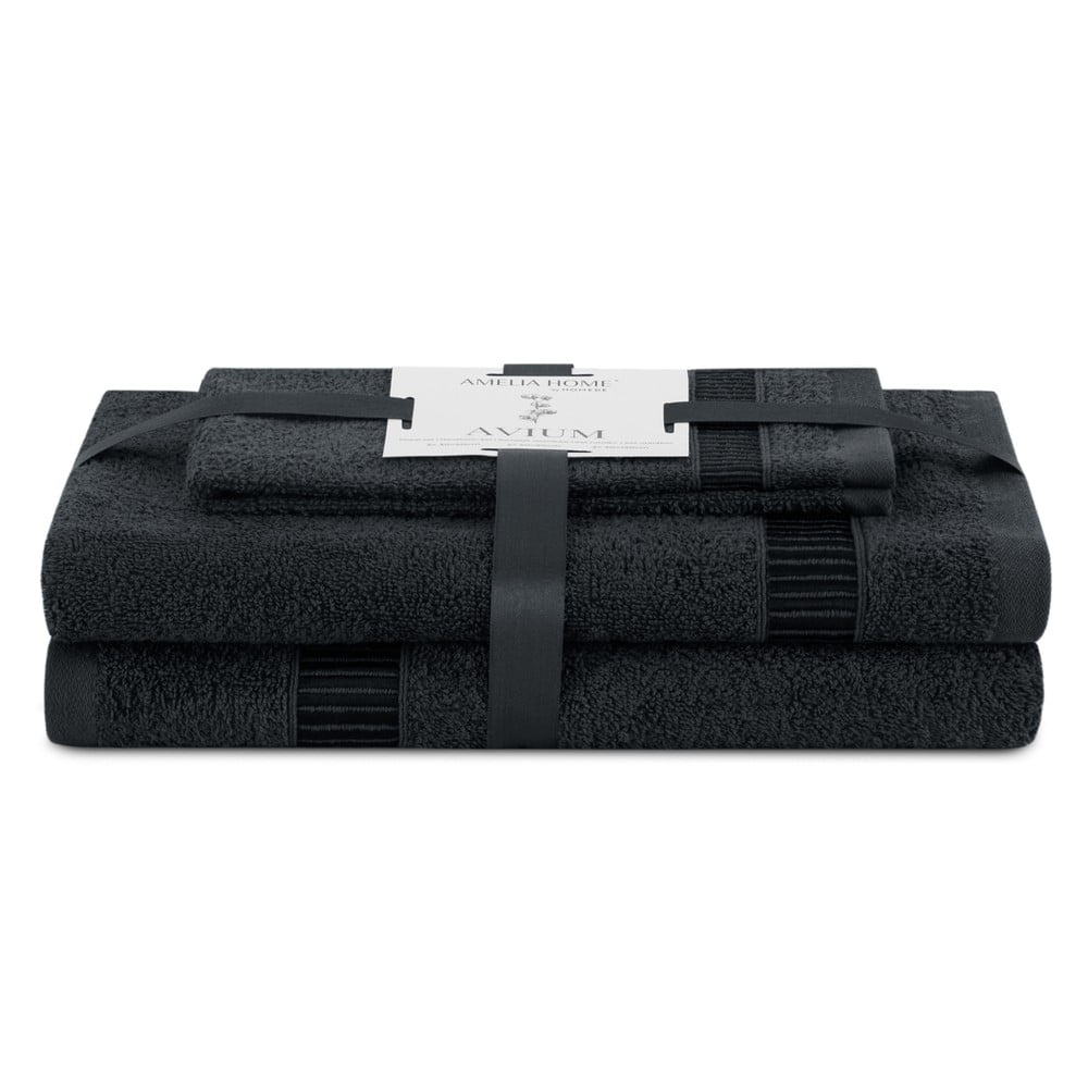Fekete frottír pamut törölköző és fürdőlepedő készlet 3 db-os Avium – Restilo