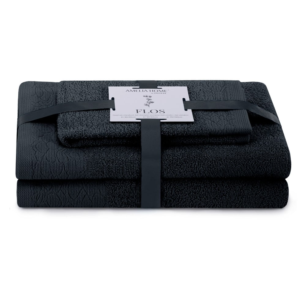 Fekete frottír pamut törölköző és fürdőlepedő készlet 3 db-os Flos – Restilo