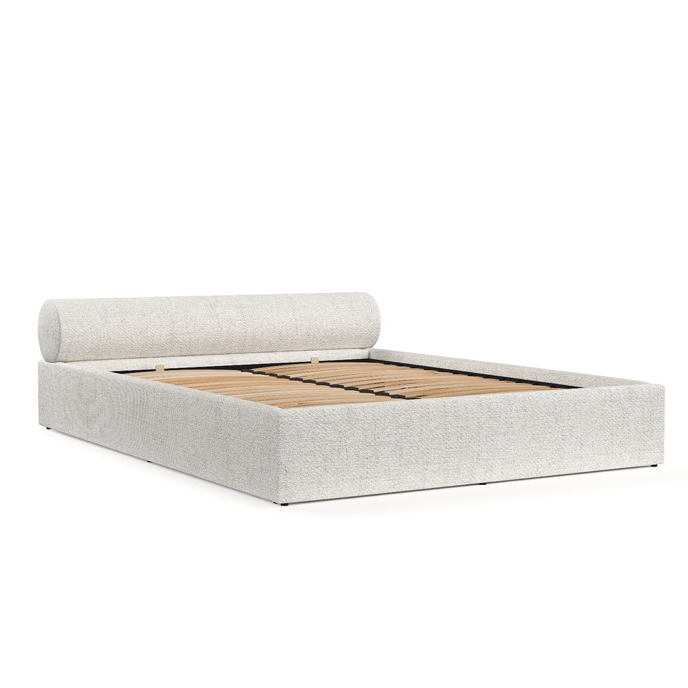 Krémszínű kárpitozott ágyneműtartós franciaágy ágyráccsal 200x200 cm Solvo – Maison de Rêve