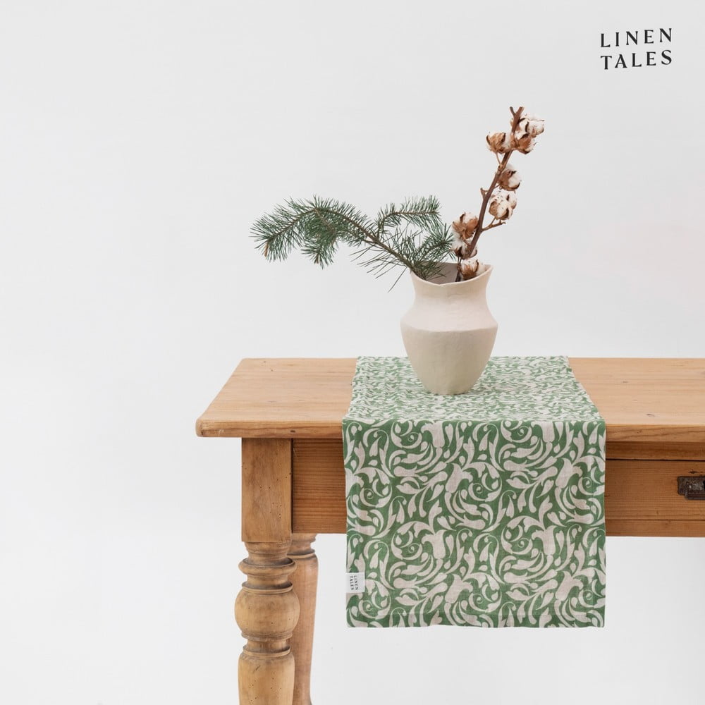 Len asztali futó 40x200 cm Evergreen Damask – Linen Tales