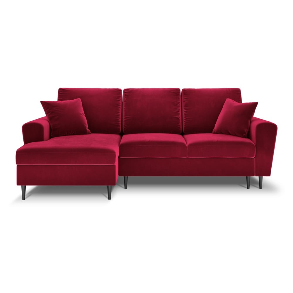 Piros bársony kinyitható tárolóhelyes sarokkanapé (bal oldali-heverő résszel) Kyoto – Cosmopolitan Design