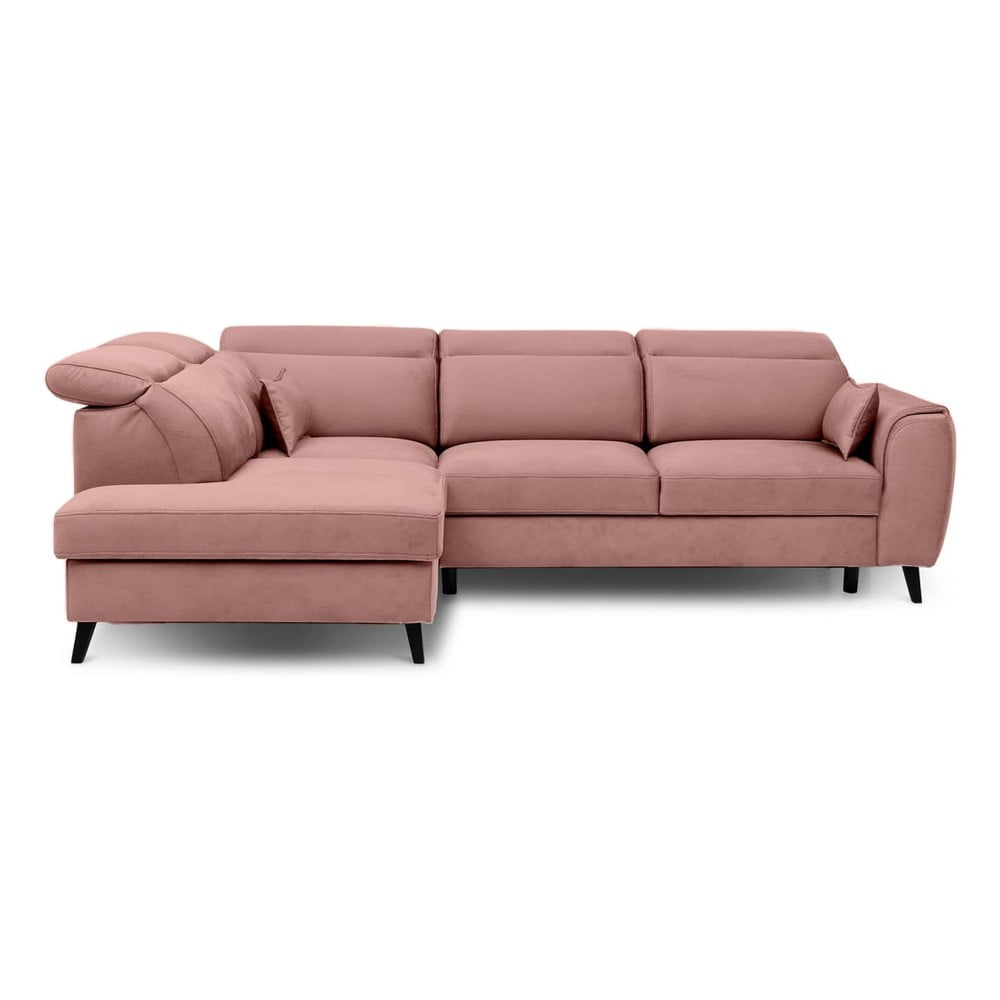 Rózsaszín bársony kinyitható-tárolóhelyes sarokkanapé (bal oldali-L alakú) Noble – ELTAP