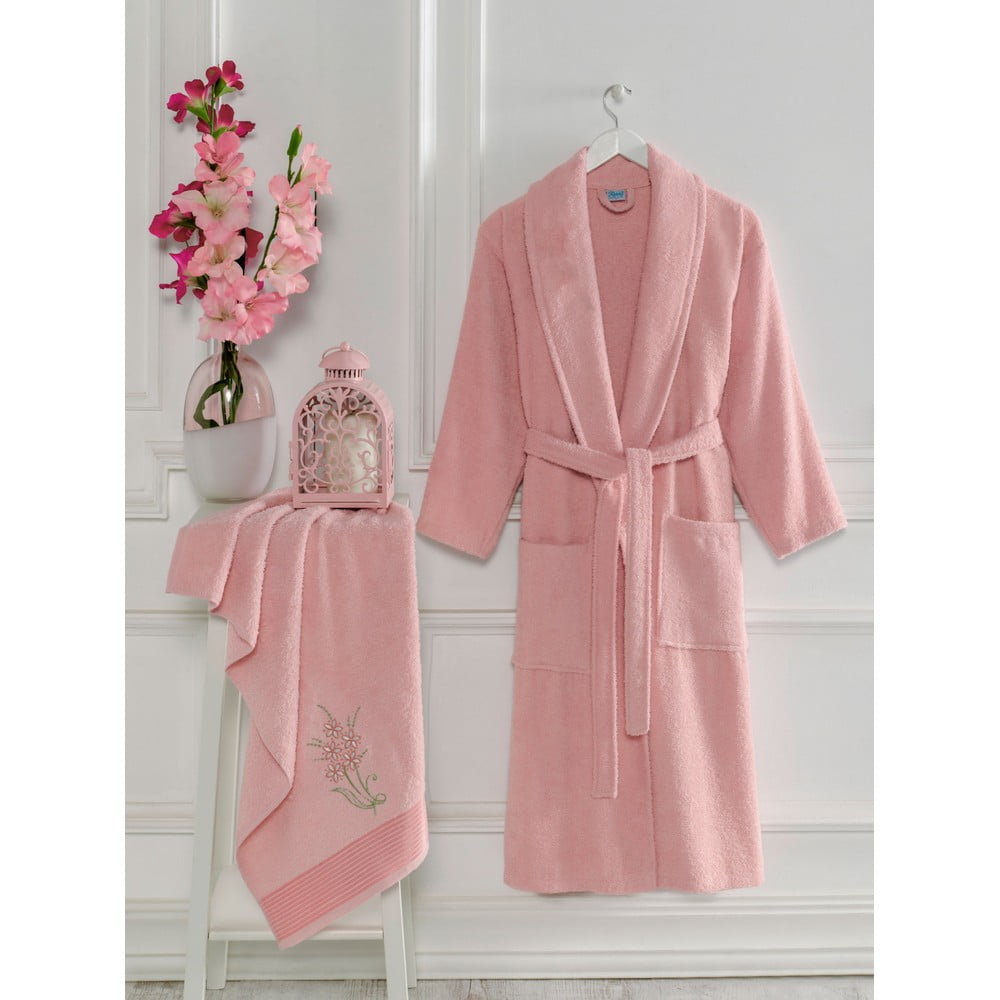 Rózsaszín pamut fürdőköpeny és törölköző szett S/M – Mila Home