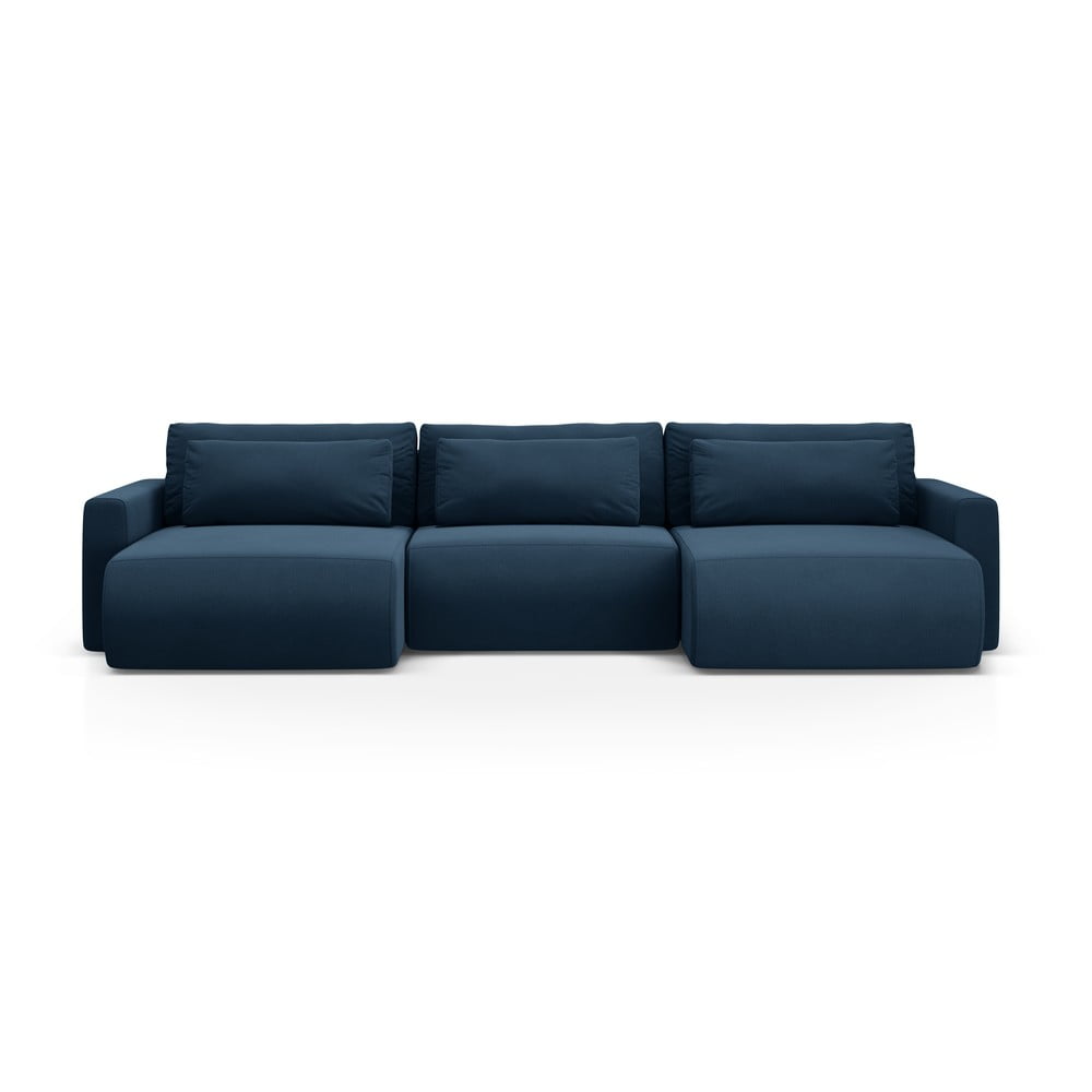 Sötétkék bársony kinyitható tárolóhelyes sarokkanapé (U alakú)  Belfast – Cosmopolitan Design