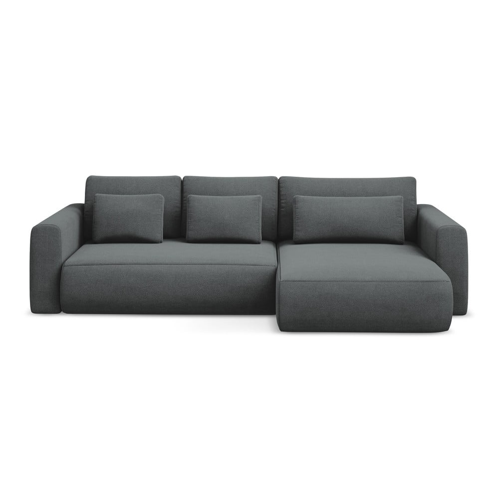 Sötétszürke kinyitható-tárolóhelyes sarokkanapé (jobb oldali-heverő résszel) Kapua – Makamii