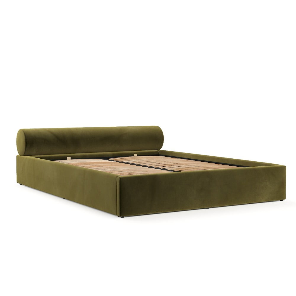 Sötétzöld kárpitozott ágyneműtartós franciaágy ágyráccsal 200x200 cm Solvo – Maison de Rêve