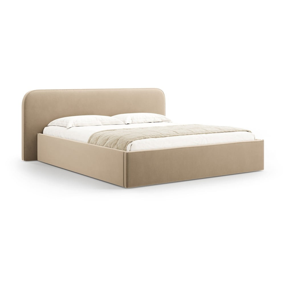 Szürkésbarna kárpitozott ágyneműtartós franciaágy ágyráccsal 200x200 cm Elizabeth – Micadoni