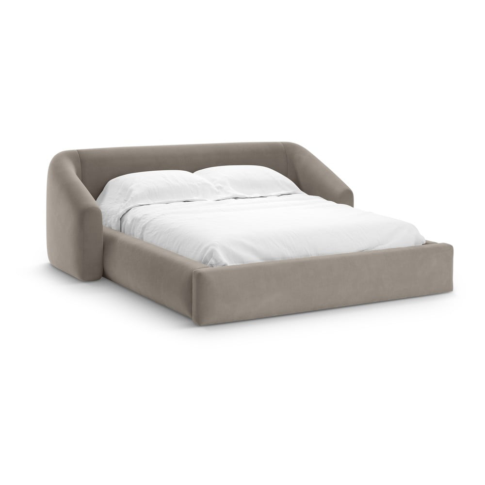 Világosbarna kárpitozott ágyneműtartós franciaágy ágyráccsal 200x200 cm Campi – Cosmopolitan Design