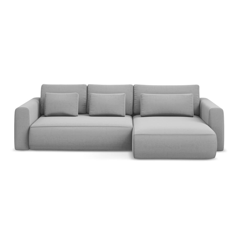 Világosszürke bársony kinyitható-tárolóhelyes sarokkanapé (jobb oldali-heverő résszel) Kapua – Makamii