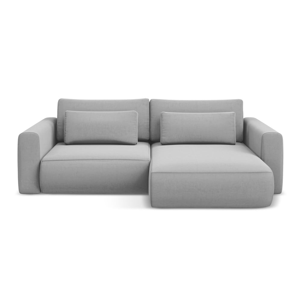 Világosszürke bársony kinyitható-tárolóhelyes sarokkanapé (jobb oldali-heverő résszel) Kapua – Makamii