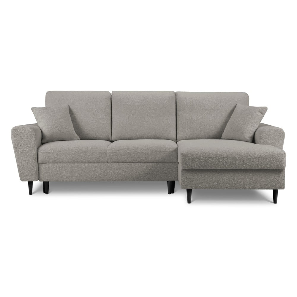 Világosszürke buklé kinyitható tárolóhelyes sarokkanapé (jobb oldali-heverő résszel) Kyoto – Cosmopolitan Design