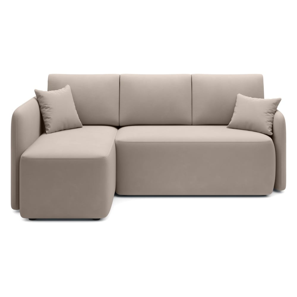 Bézs bársony kinyitható-tárolóhelyes sarokkanapé (bal oldali-heverő résszel) Hadson – ELTAP