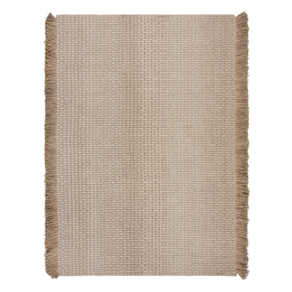 Bézs kézi szövésű gyapjúkeverék szőnyeg 200x290 cm Rene Fringed Ribbed – Flair Rugs