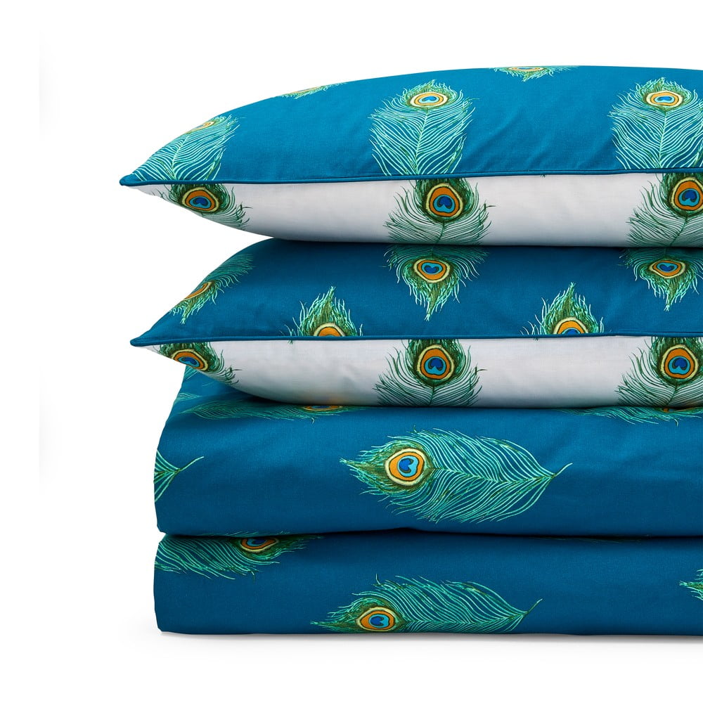 Fehér-kékeszöld egyszemélyes pamut ágyneműhuzat 135x200 cm Peacock Feather – Their Nibs