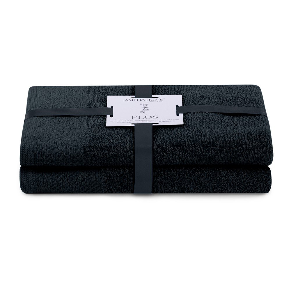 Fekete frottír pamut törölköző és fürdőlepedő készlet 2 db-os Flos – Restilo