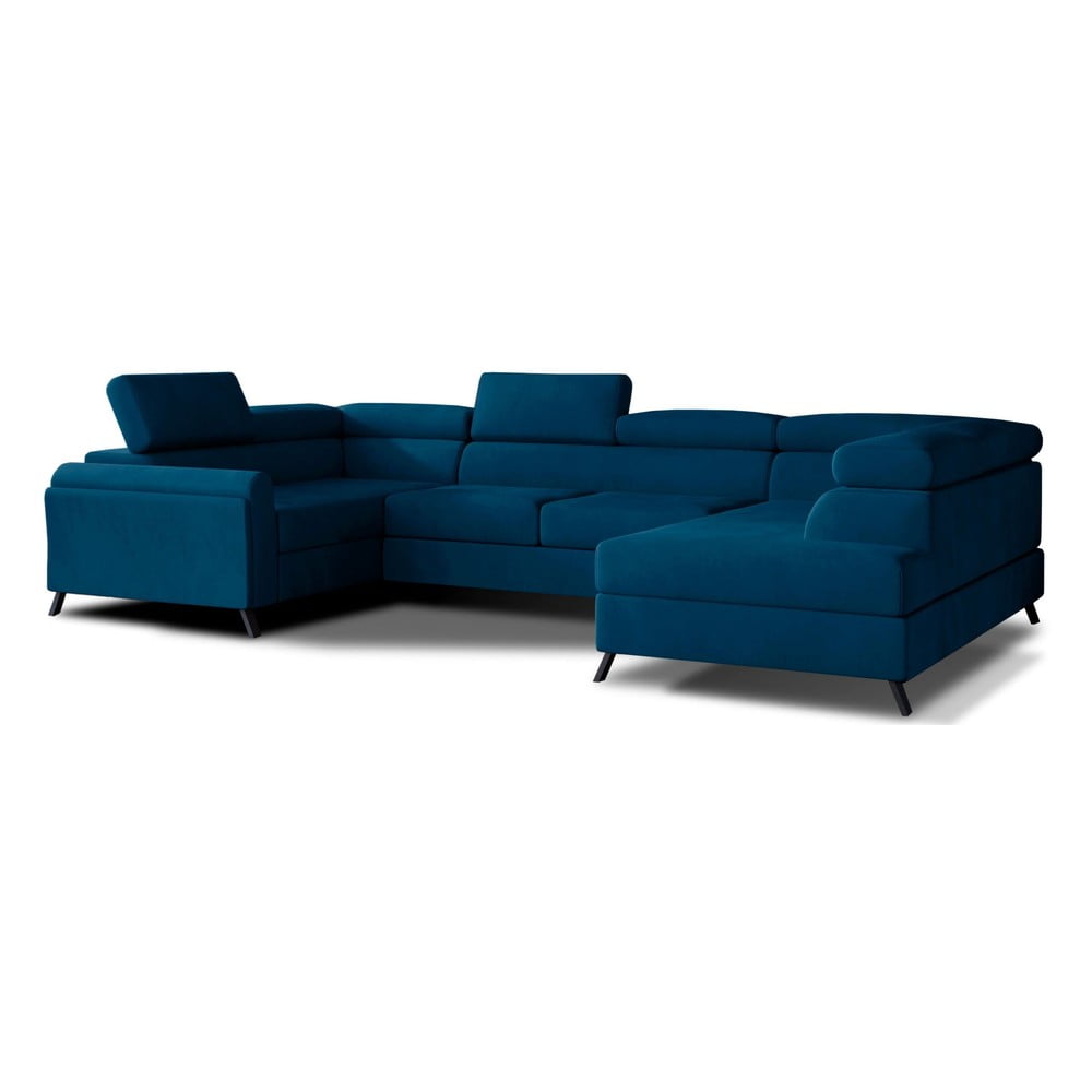 Kék bársony kinyitható-tárolóhelyes sarokkanapé (jobb oldali-U alakú) Escada – ELTAP