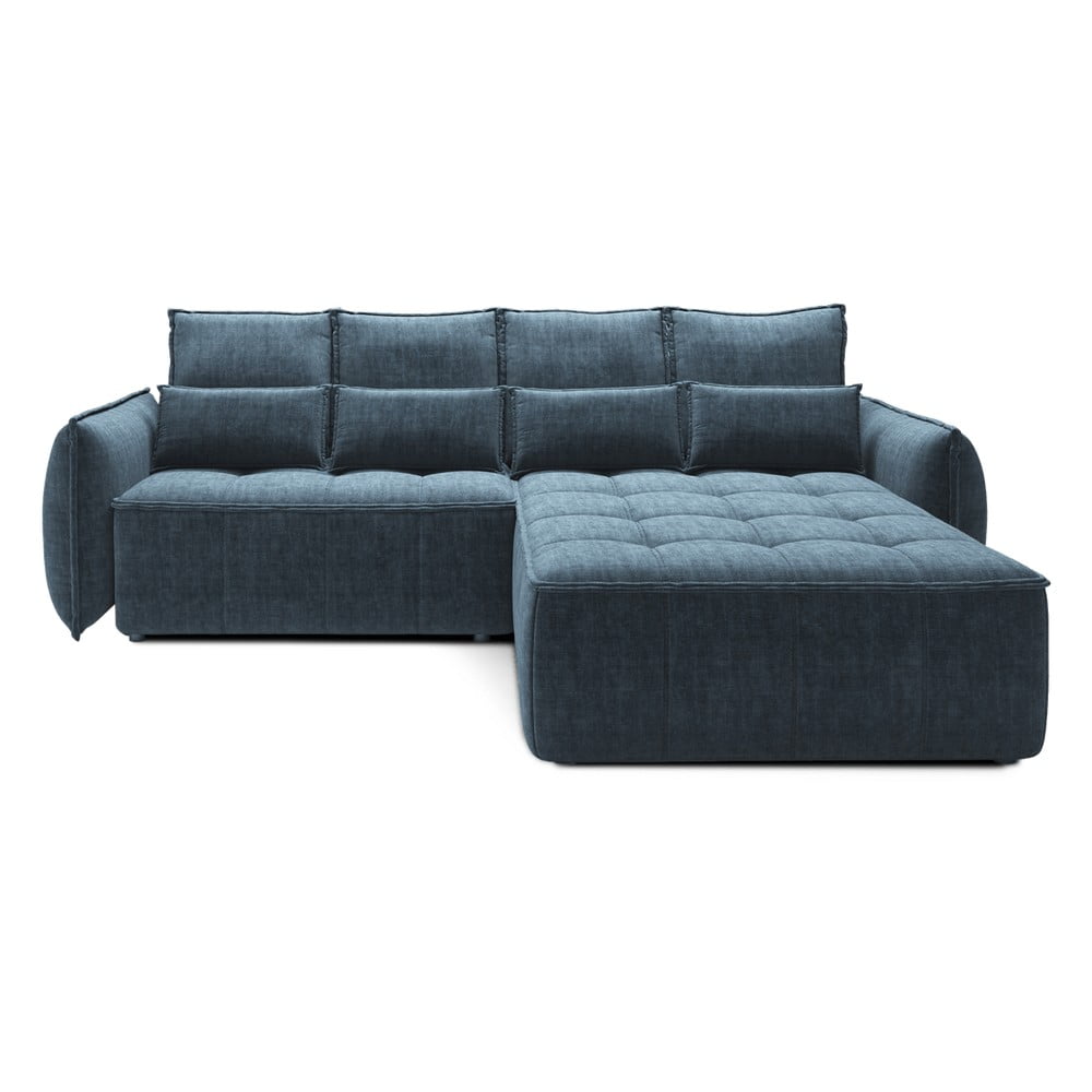 Kék bársony kinyitható-tárolóhelyes sarokkanapé (jobb oldali-heverő résszel) Campo – ELTAP