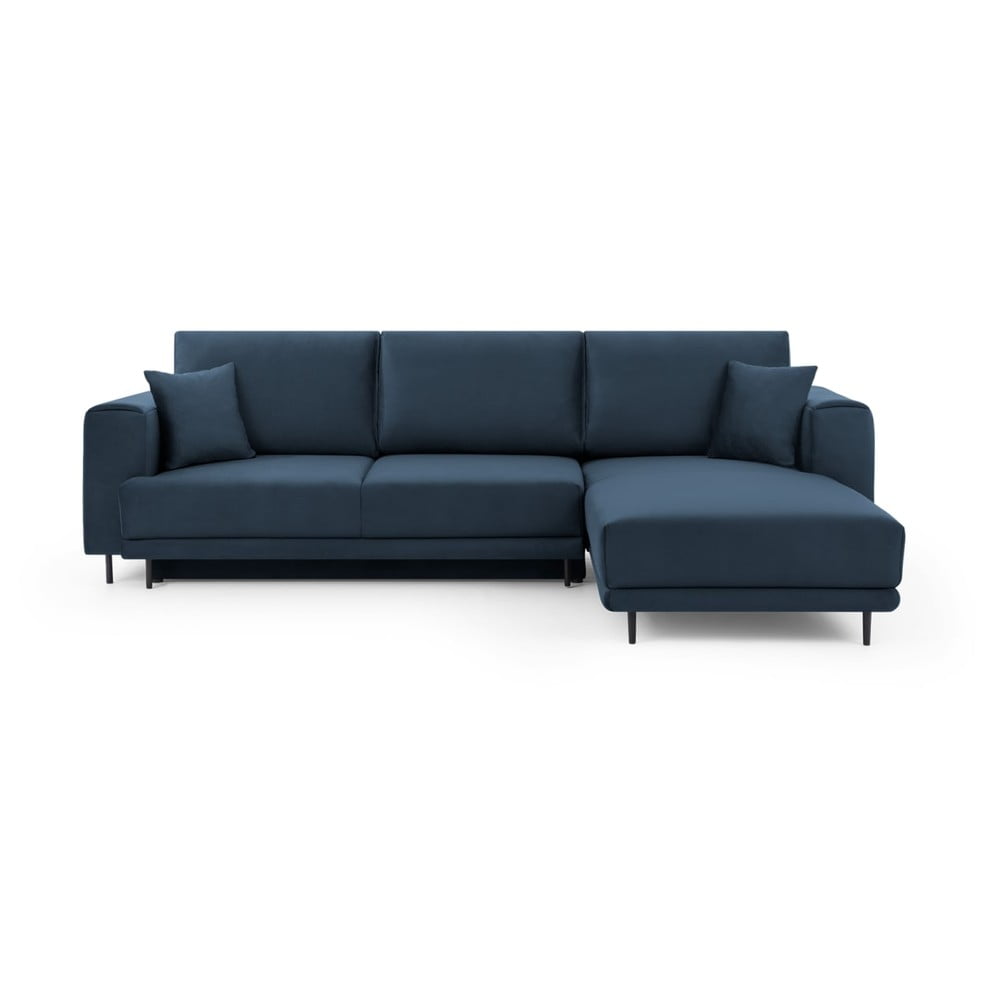 Kék bársony kinyitható-tárolóhelyes sarokkanapé (jobb oldali-heverő résszel) Dalia – ELTAP