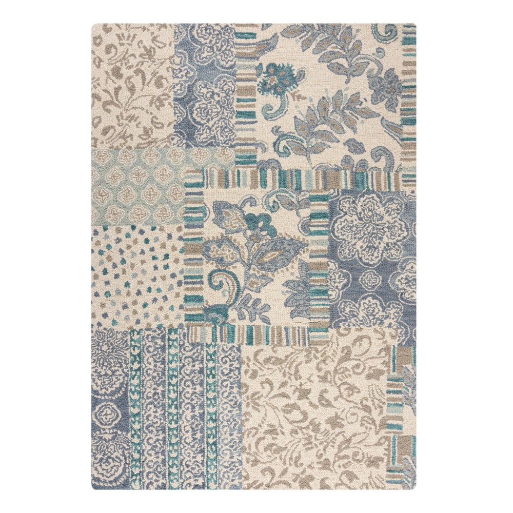 Kék-bézs kézi szövésű gyapjú szőnyeg 160x230 cm Eloise Patchwork – Flair Rugs