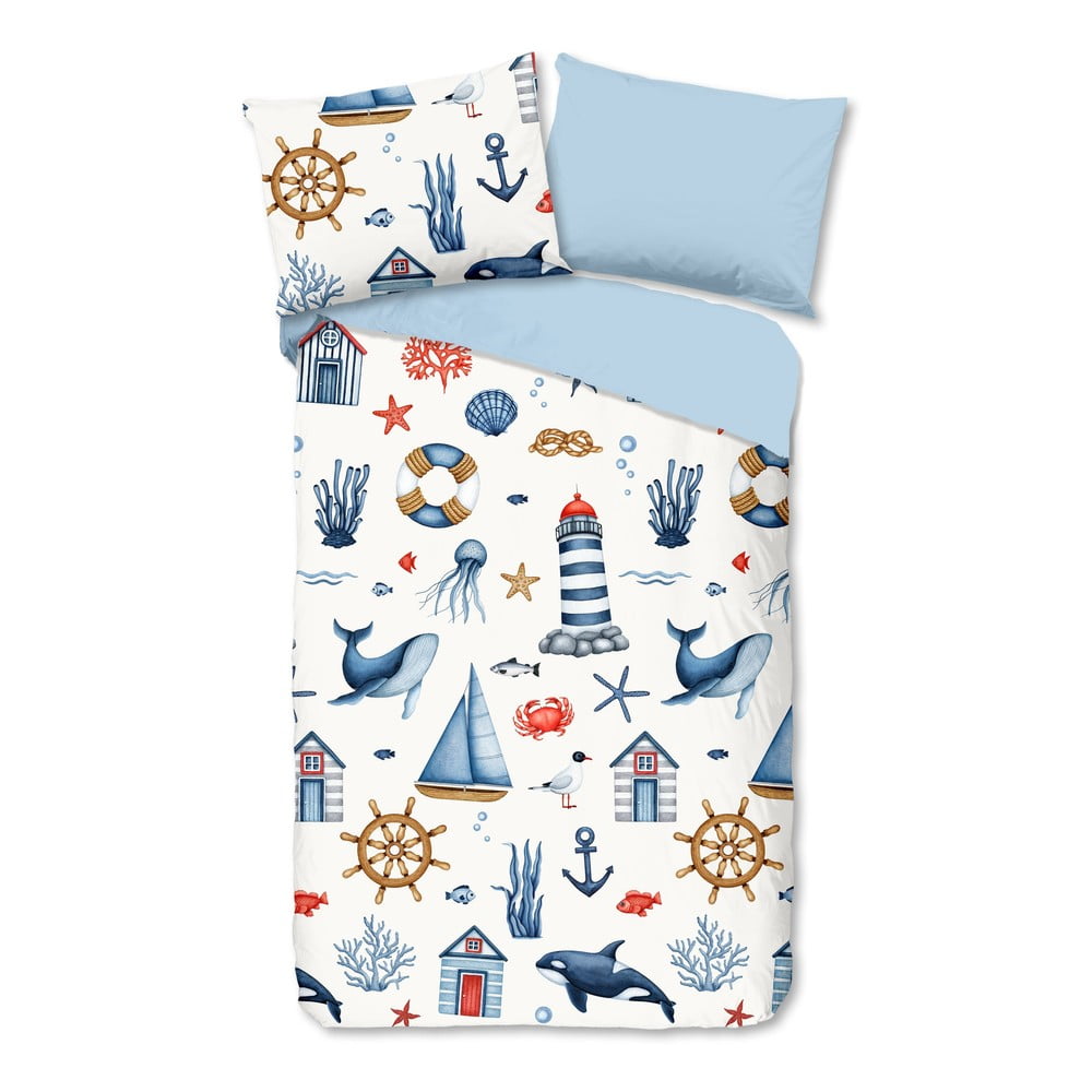 Kék-krémszínű egyszemélyes pamut gyerek ágyneműhuzat 140x200 cm Ahoy – Good Morning