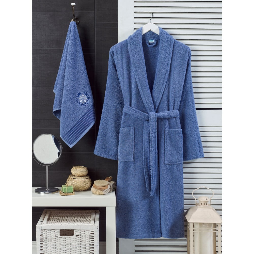 Kék pamut fürdőköpeny és törölköző szett S/M – Mila Home