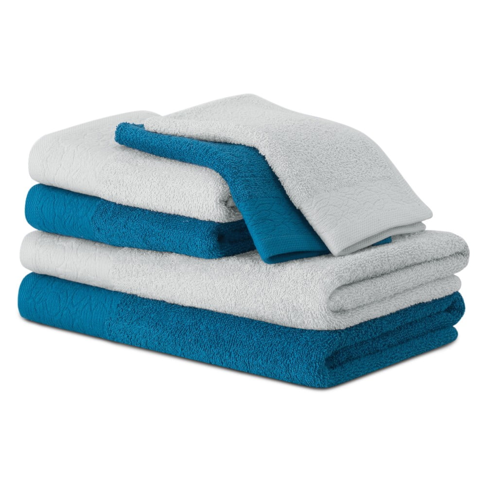 Kék-szürke frottír pamut törölköző és fürdőlepedő készlet 6 db-os Flos – Restilo