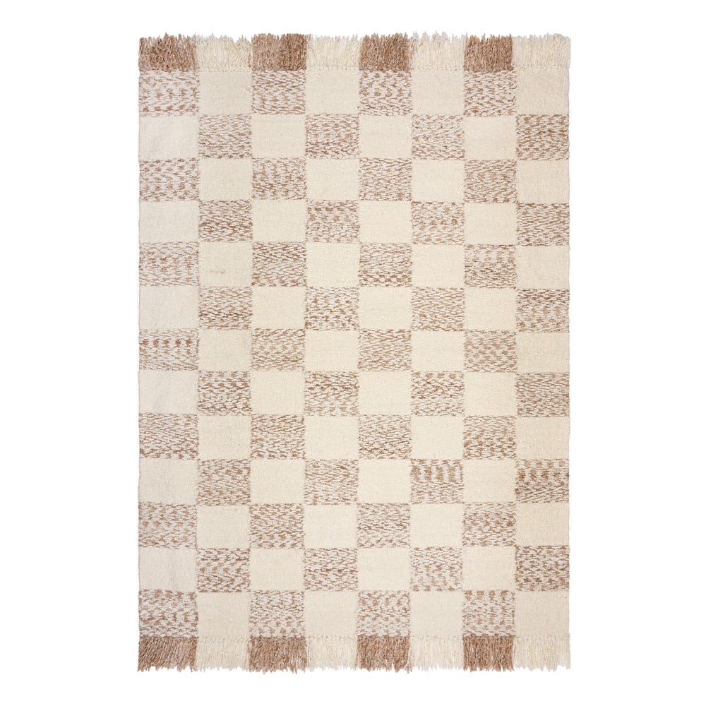 Krémszínű-natúr színű kézi szövésű gyapjúkeverék szőnyeg 200x300 cm Eric Checkboard – Flair Rugs