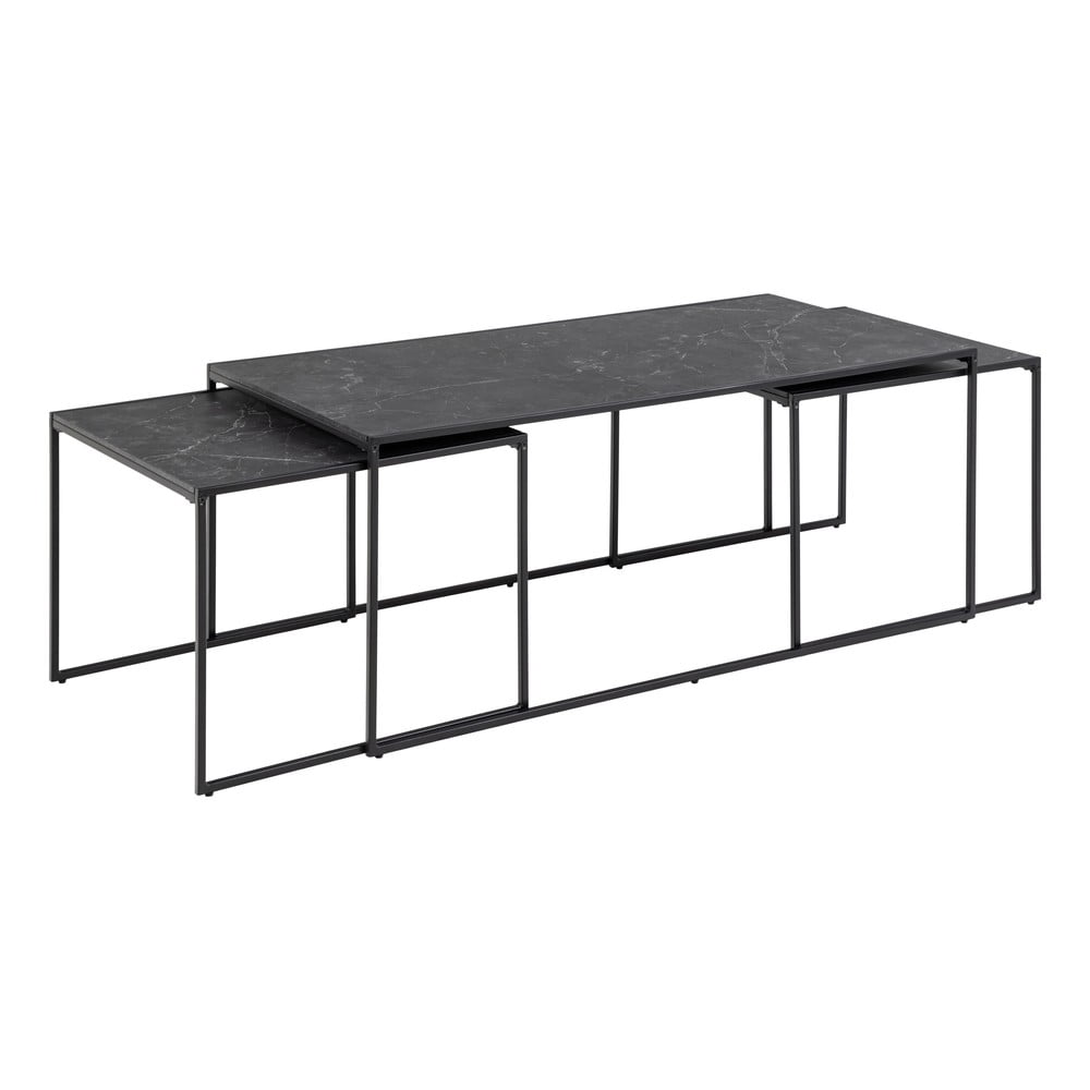 Matt fekete dohányzóasztal szett márvány dekoros asztallappal