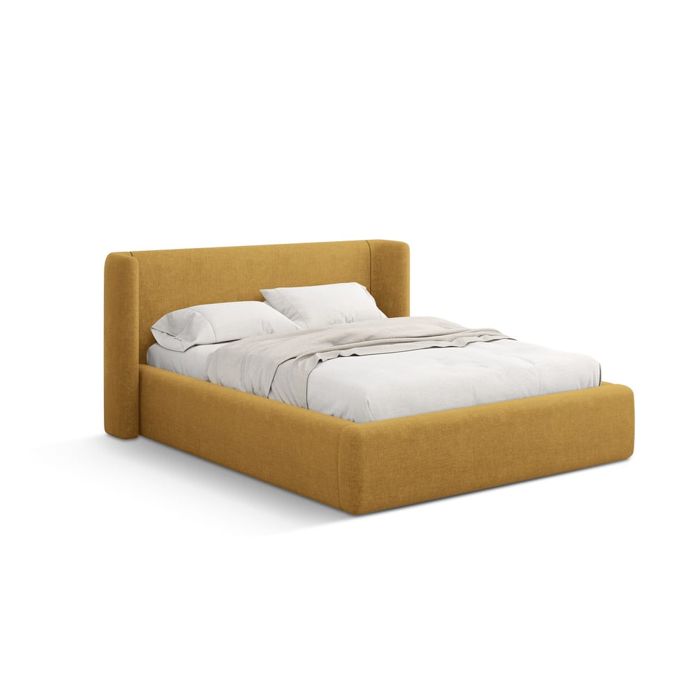 Mustársárga kárpitozott ágyneműtartós franciaágy ágyráccsal 160x200 cm Jason – Windsor & Co Sofas