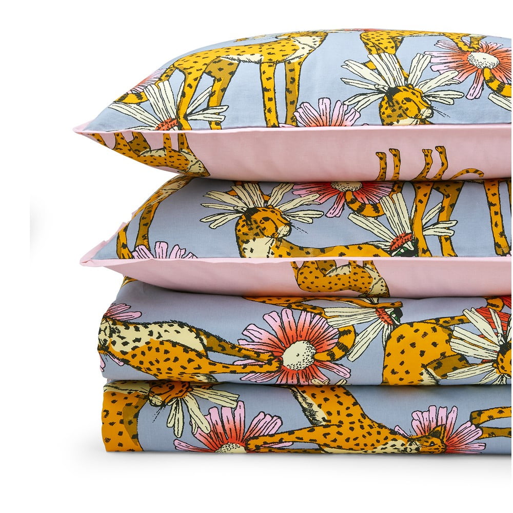 Rózsaszín-szürke egyszemélyes pamut ágyneműhuzat 135x200 cm Untamed Cheetah – Their Nibs