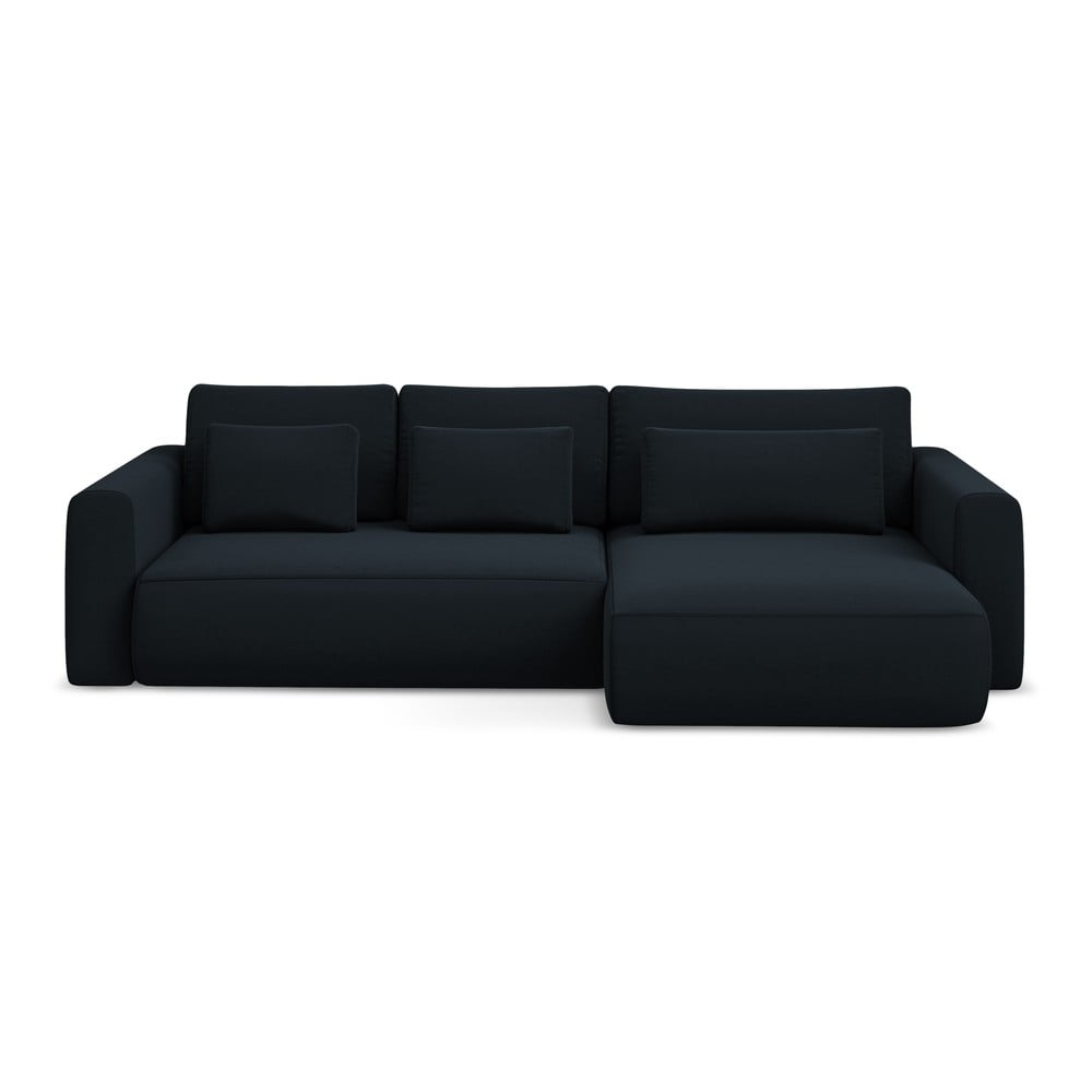 Sötétkék bársony kinyitható-tárolóhelyes sarokkanapé (jobb oldali-heverő résszel) Kapua – Makamii