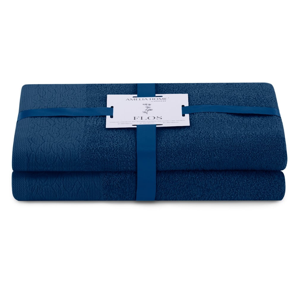 Sötétkék frottír pamut törölköző és fürdőlepedő készlet 2 db-os Flos – Restilo