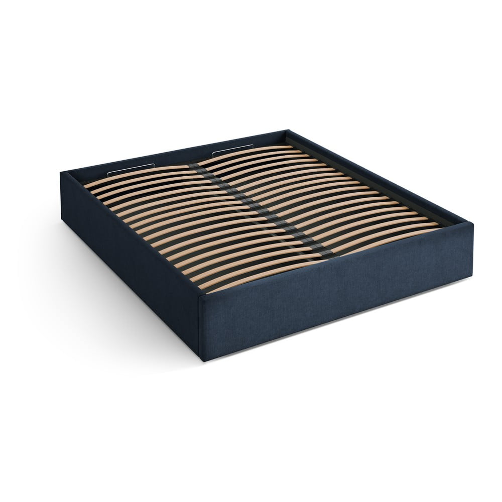 Sötétkék kárpitozott ágyneműtartós-ágytámla nélkül franciaágy ágyráccsal 140x200 cm Susan – Micadoni