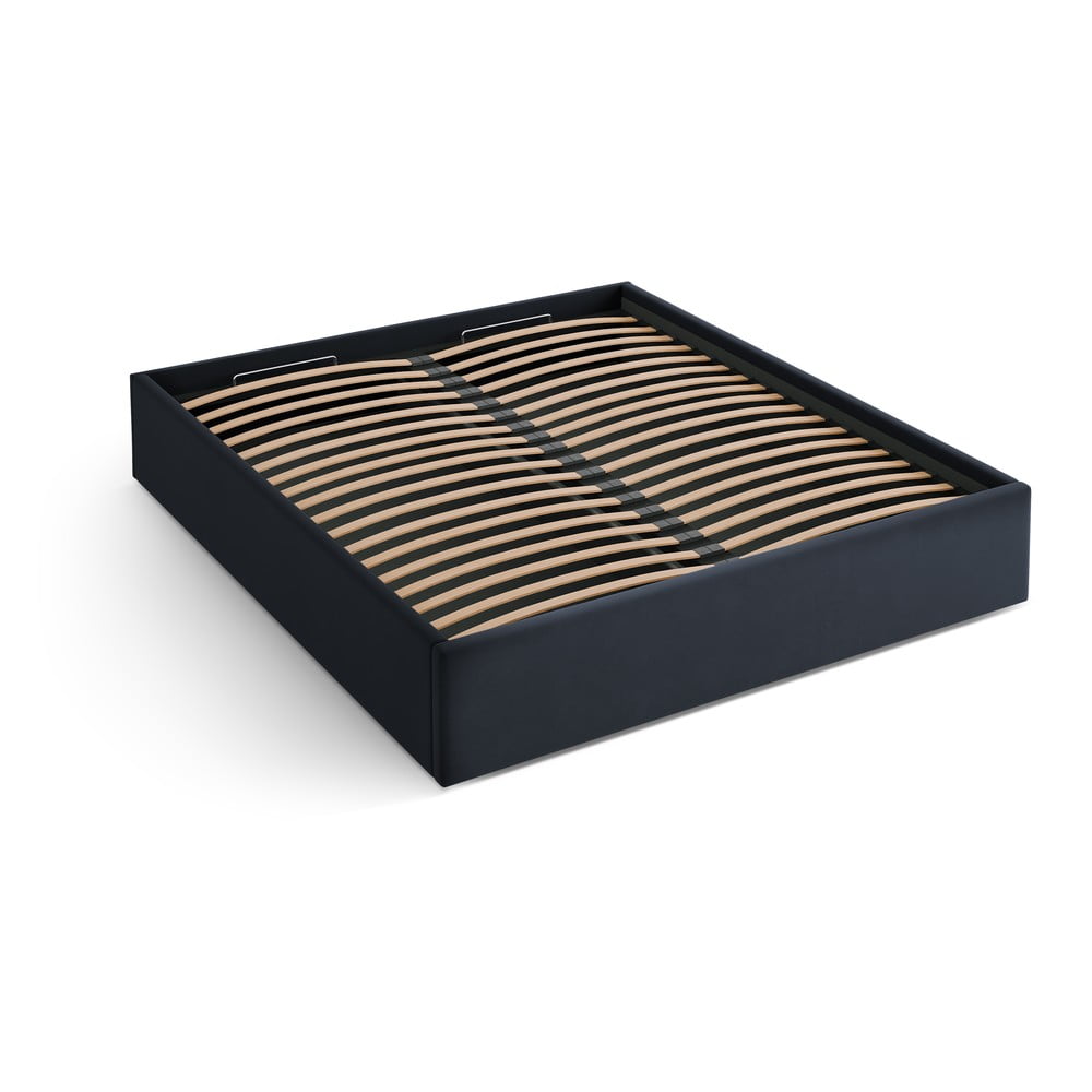 Sötétkék kárpitozott ágyneműtartós-ágytámla nélkül franciaágy ágyráccsal 180x200 cm Susan – Micadoni