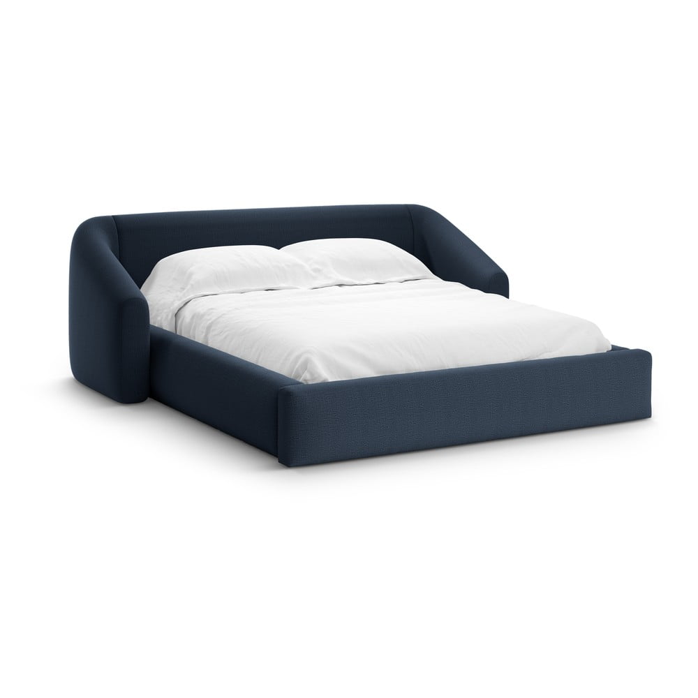 Sötétkék kárpitozott ágyneműtartós franciaágy ágyráccsal 200x200 cm Campi – Cosmopolitan Design