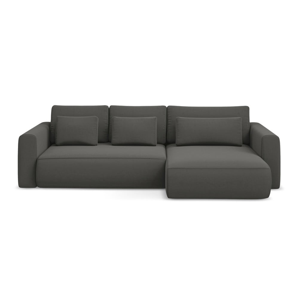Sötétszürke bársony kinyitható-tárolóhelyes sarokkanapé (jobb oldali-heverő résszel) Kapua – Makamii