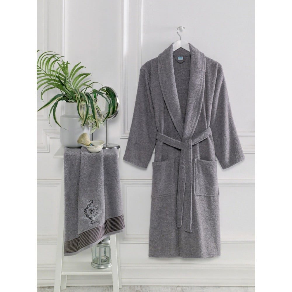 Sötétszürke pamut fürdőköpeny és törölköző szett S/M – Mila Home