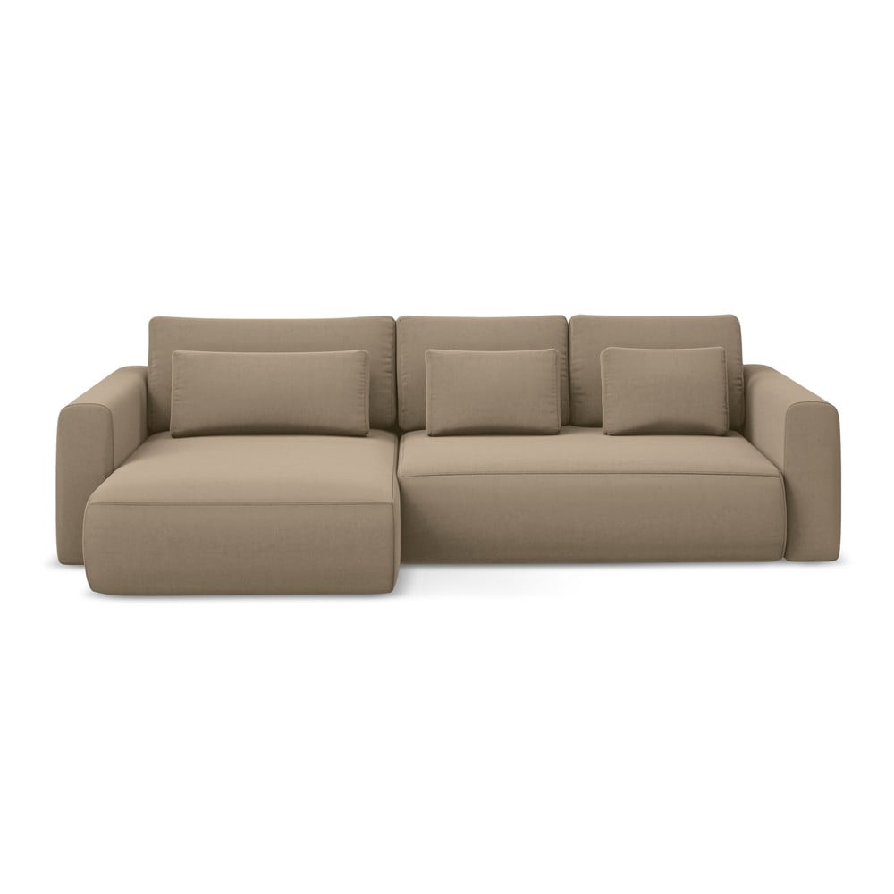 Világosbarna bársony kinyitható-tárolóhelyes sarokkanapé (bal oldali-heverő résszel) Kapua – Makamii